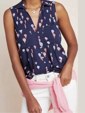 Anthropologie Maeve Sleeveless Navy Balloon-Print Button Front Blouse